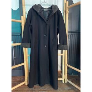 MDP Mario De Pinto Long Wool Maxi Coat Hooded Black USA Made Faux Fur size XL